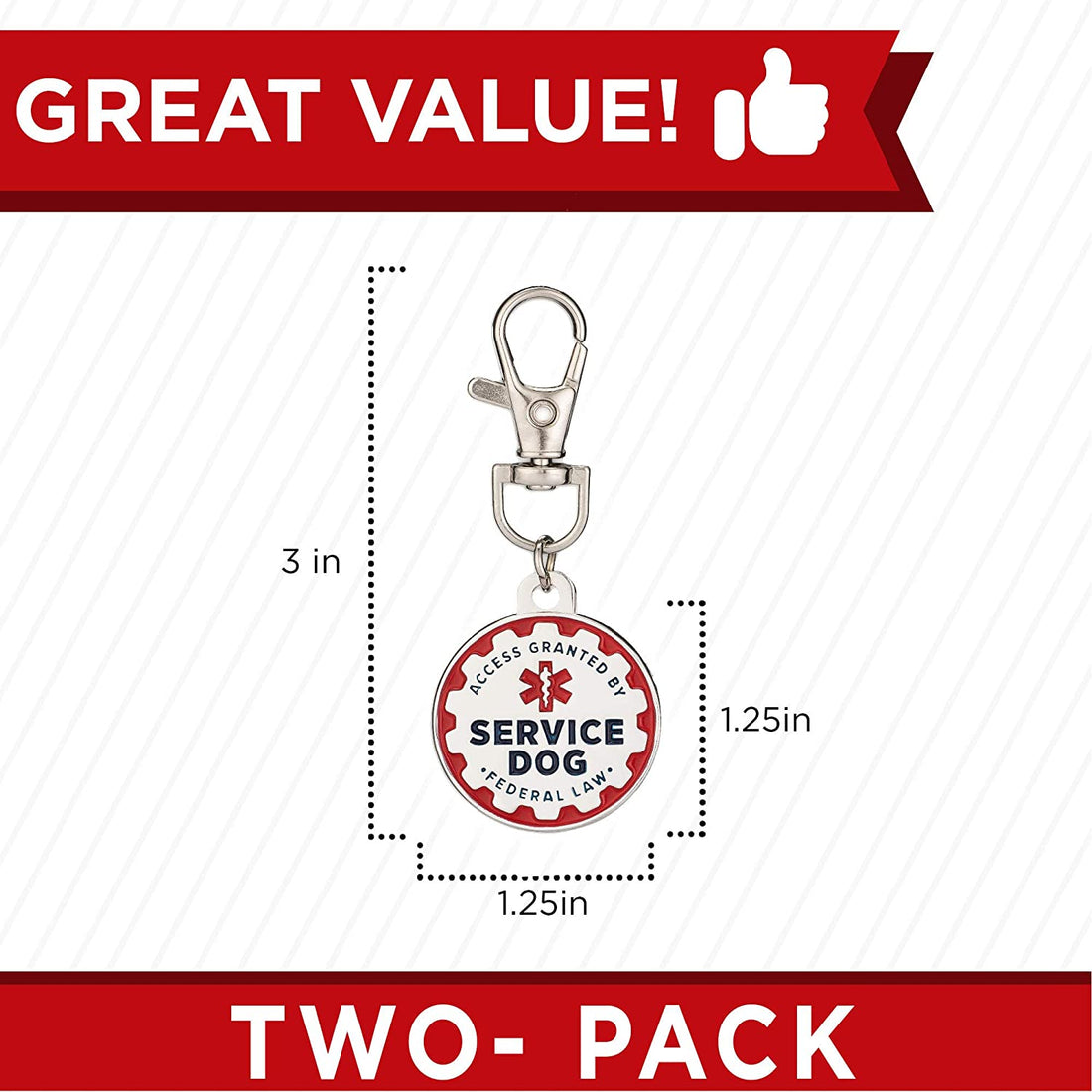 Service Dog Tag, 2 Pack: Metal Pet ID Tags for Service Animals, Emotional Support Dogs and Therapy Dogs, 1.25 Inch Diameter, Double Sided, Navy Lettering and Red Enamel Trim