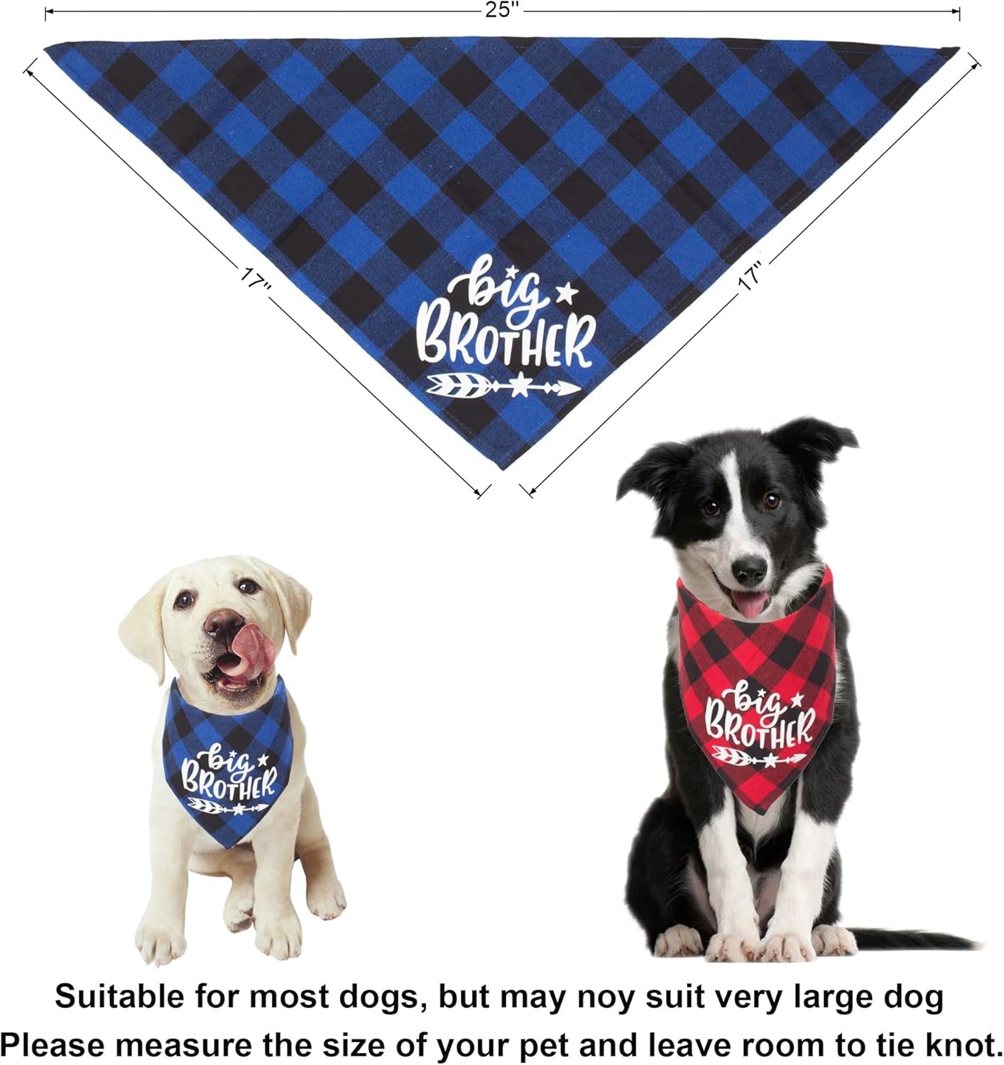 2 Pack Big Sister Brother Dog Bandana Buffalo Plaid Triangle Dog Scarf Pregnancy Announcement Bandana for Small Medium Large Dogs Pets (Big Brother)