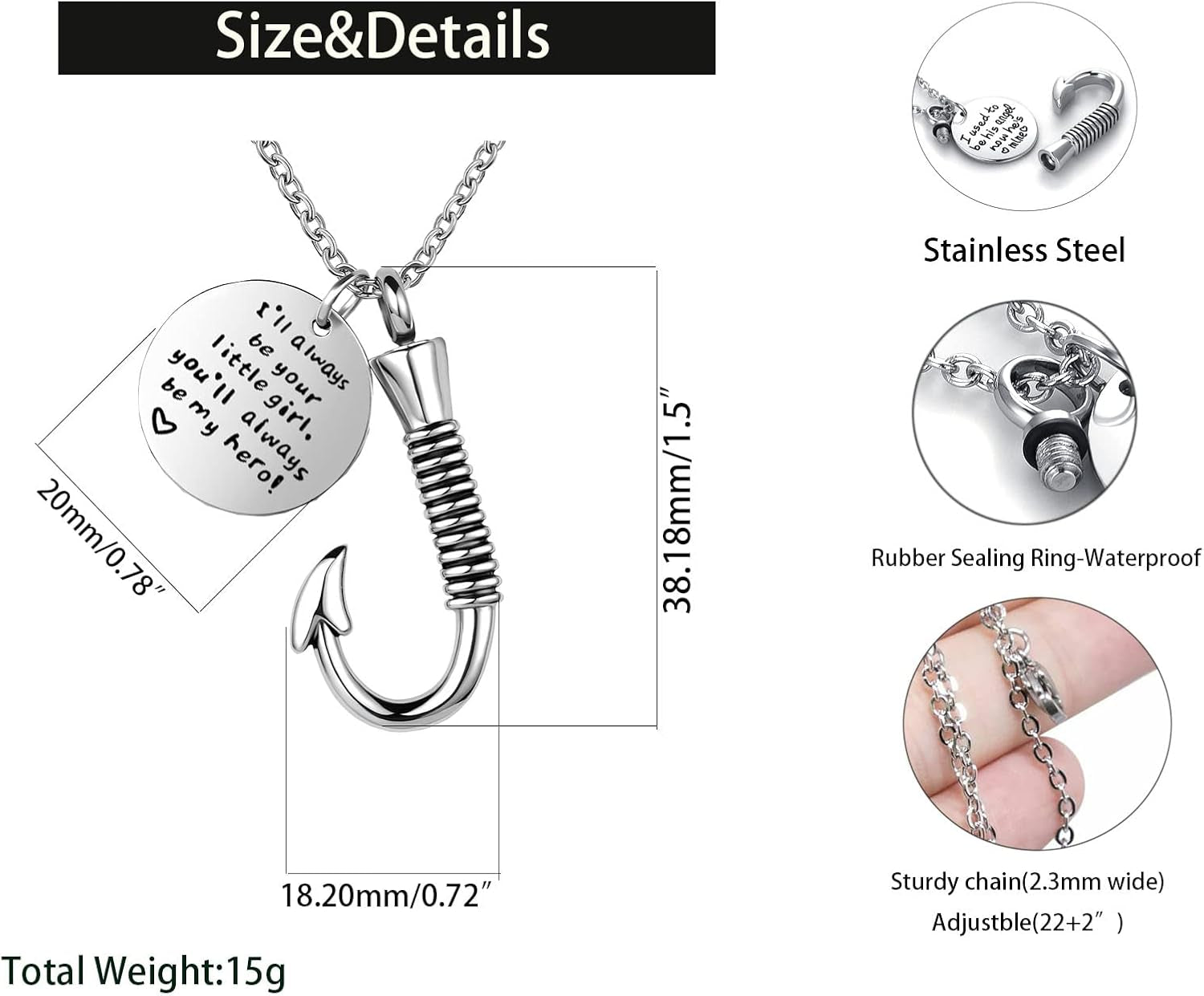 Fish Hook Cremation Urn Necklace for Ashes Fishing Memorial Ashes Keepsake Pendant Jewelry