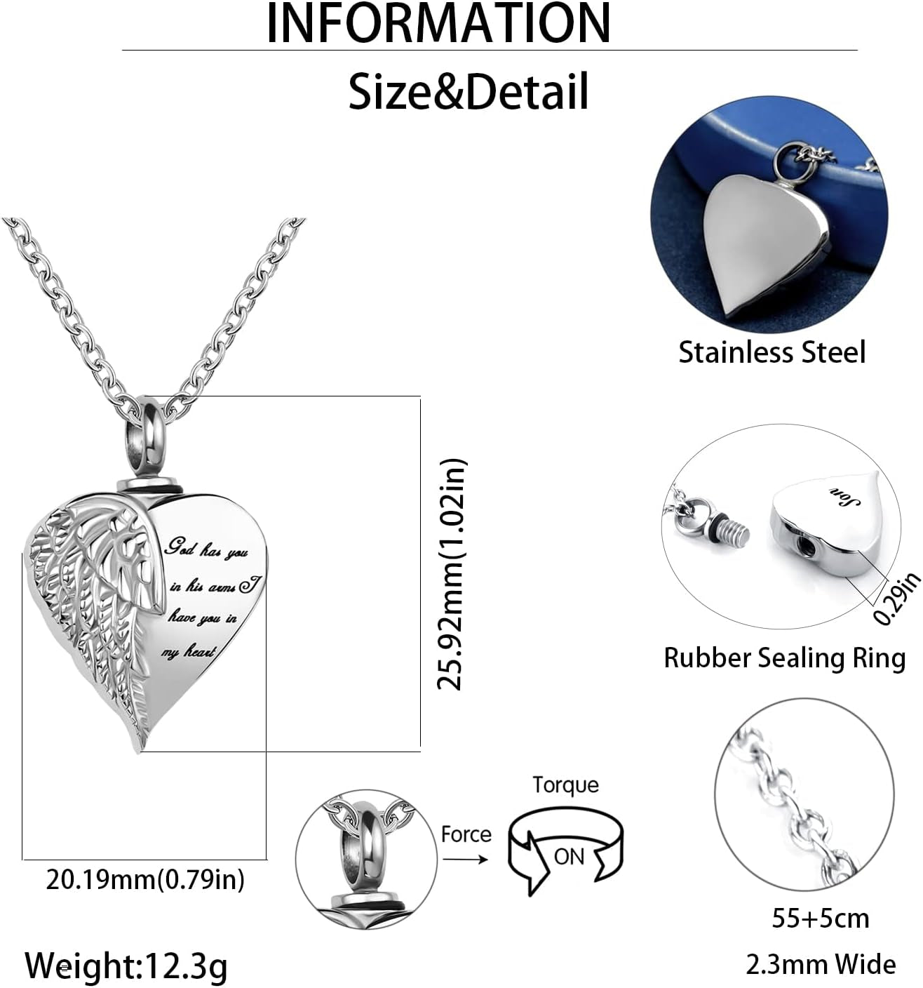 Angel Wing Heart Cremation Urn Necklace for Human Ashes Keepsake Memroial Jewelry God Has You in His Arms I Have You in My Heart