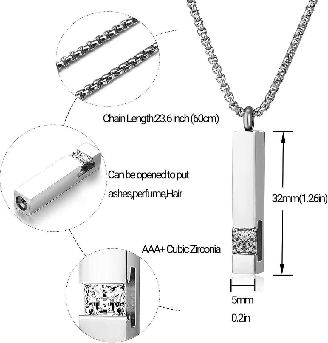 2 Pcs Urn Necklaces for Ashes Memorial Cremation Urn Necklace Stainless Steel Black Silver Tone Bar Pendant Necklace Ashes Keepsake Jewelry with Cubic Zirconia