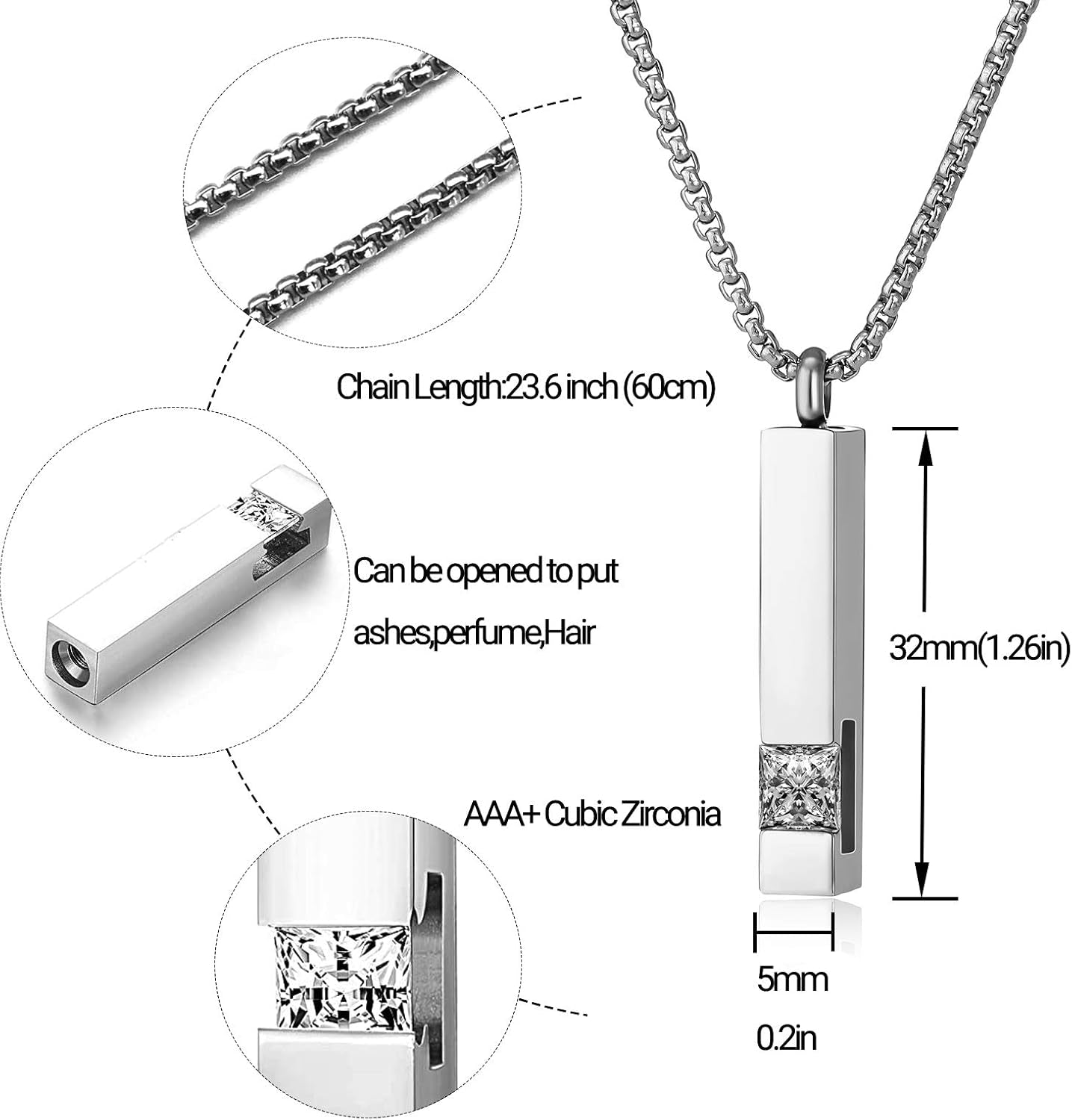 2 Pcs Urn Necklaces for Ashes Memorial Cremation Urn Necklace Stainless Steel Black Silver Tone Bar Pendant Necklace Ashes Keepsake Jewelry with Cubic Zirconia