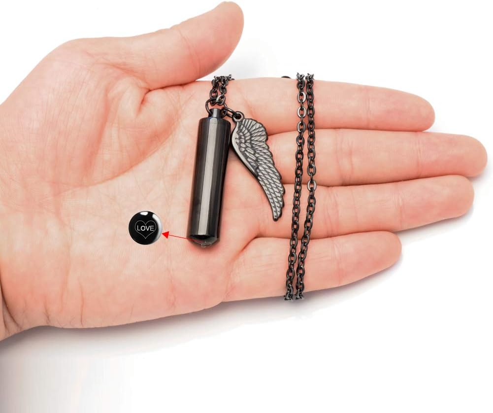 Cylinder Cremation Urn Necklace for Ashes Memorial Keepsake Pendant with Angel Wing Stainless Steel Remembrance Jewelry