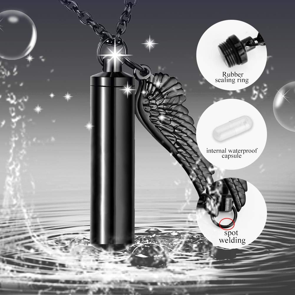 Cylinder Cremation Urn Necklace for Ashes Memorial Keepsake Pendant with Angel Wing Stainless Steel Remembrance Jewelry