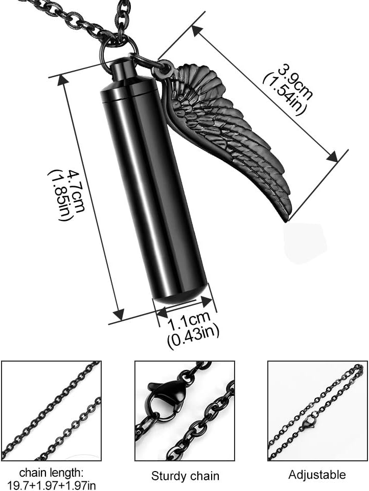 Cylinder Cremation Urn Necklace for Ashes Memorial Keepsake Pendant with Angel Wing Stainless Steel Remembrance Jewelry