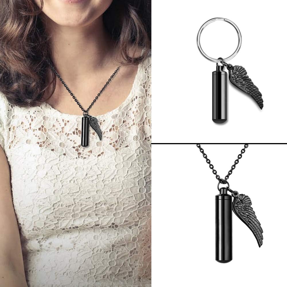 Cylinder Cremation Urn Necklace for Ashes Memorial Keepsake Pendant with Angel Wing Stainless Steel Remembrance Jewelry
