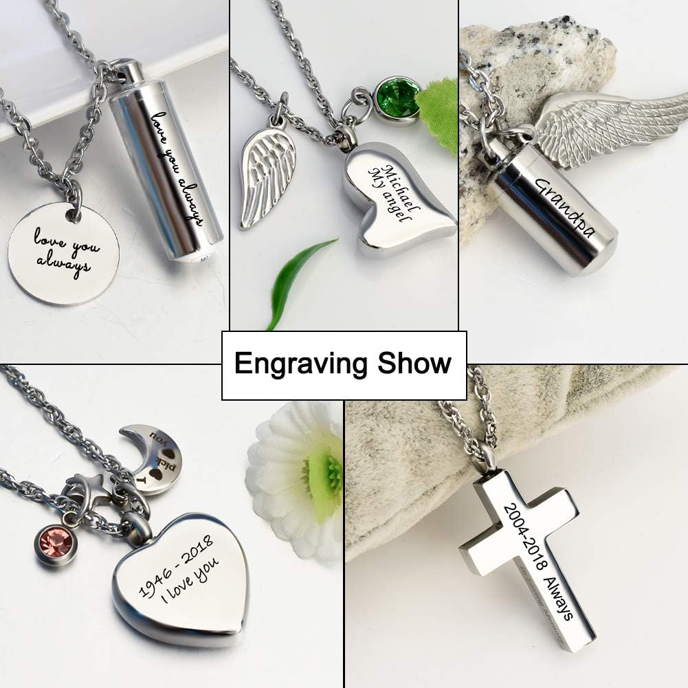 Cylinder Cremation Urn Necklace for Ashes Memorial Keepsake Pendant with Angel Wing Stainless Steel Remembrance Jewelry