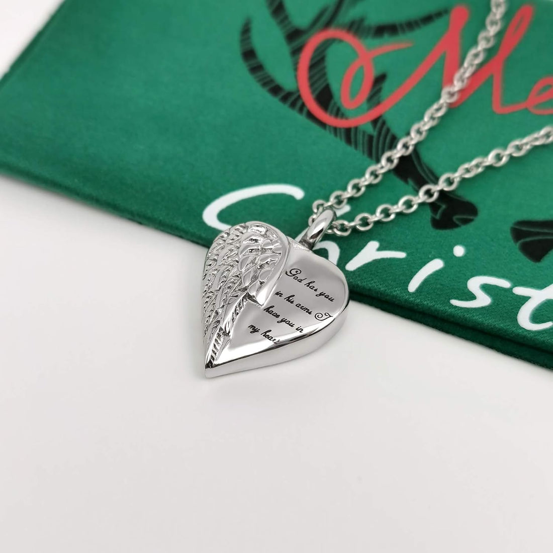 Angel Wing Heart Cremation Urn Necklace for Human Ashes Keepsake Memroial Jewelry God Has You in His Arms I Have You in My Heart