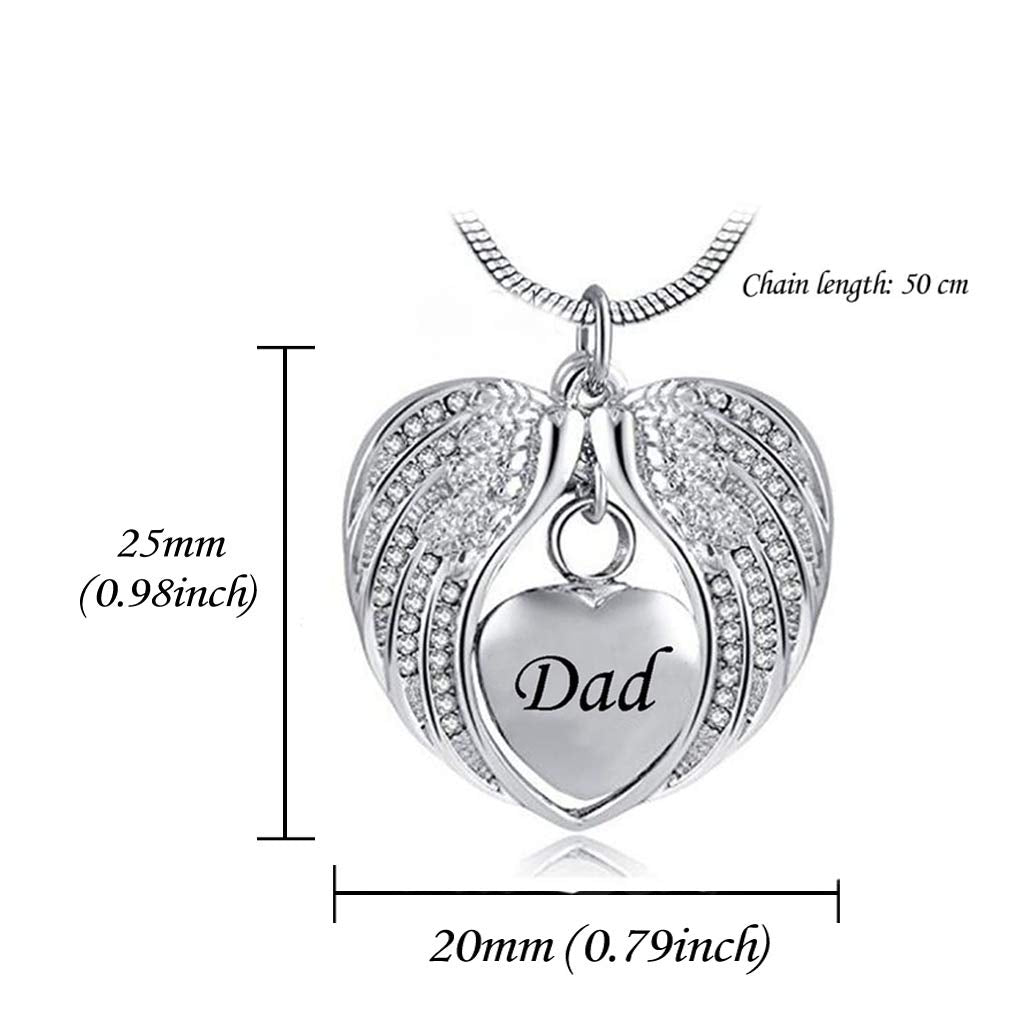Angel Wing Dad mom Urn Necklace for Ashes, Heart Cremation Memorial Keepsake Pendant Necklace Jewelry with Fill Kit