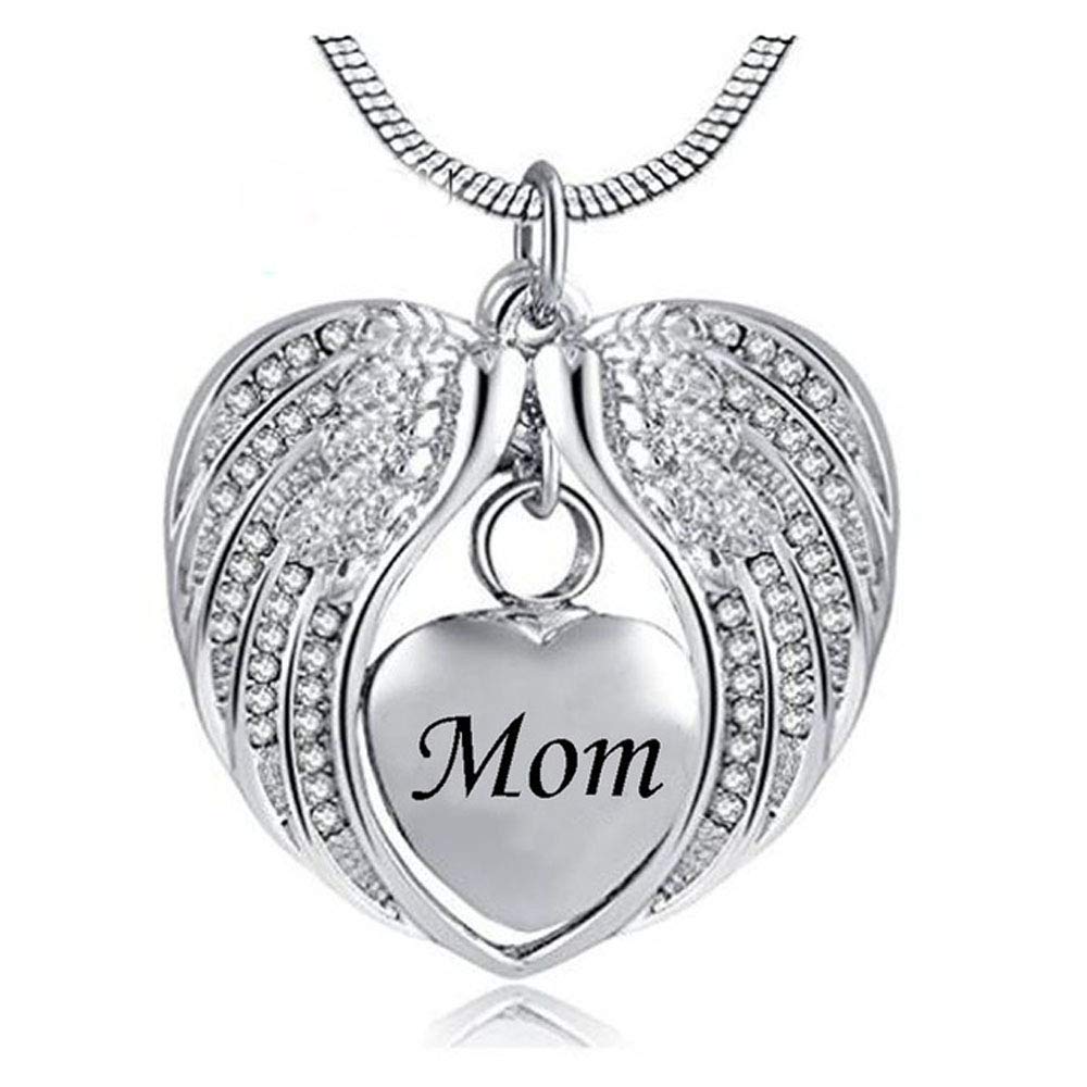 Angel Wing Dad mom Urn Necklace for Ashes, Heart Cremation Memorial Keepsake Pendant Necklace Jewelry with Fill Kit