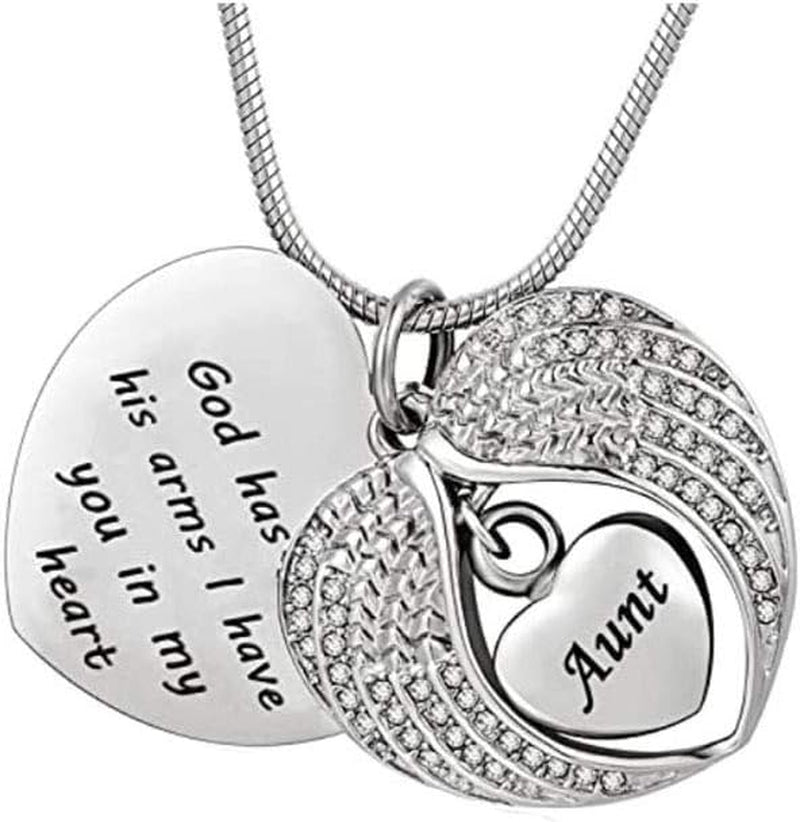 TGLS Angel Wing Charm Heart Urn Pendant for Human Ashes after Cremation Necklace Stainless Steel Memorial Jewelry for Aunt
