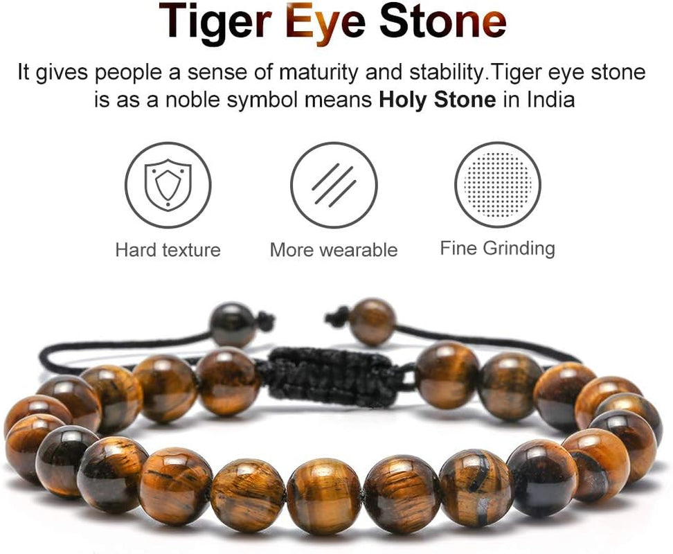 Natural Stone Bracelets for Men - 8Mm Tiger Eye, Matte Agate, Lava Rock - Teen Boys Gifts for Birthday, Anniversary, Christmas