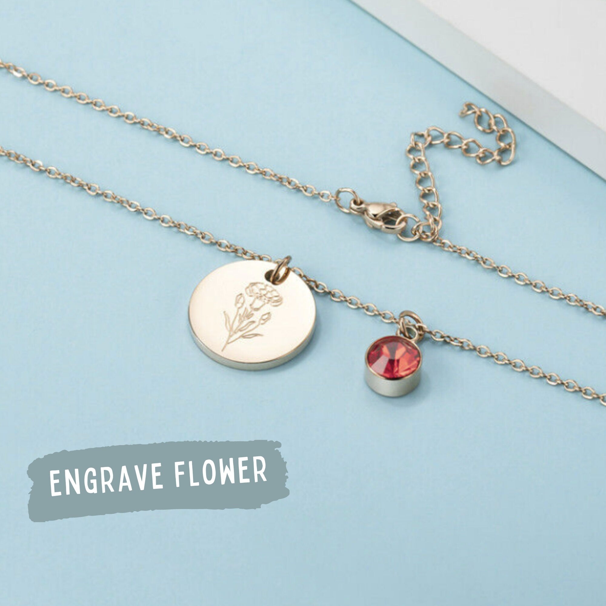 Flower Necklace Engraved Floral Birthstone Necklace Birth Dainty Flower Jewelry Memorial Remembrance Personalized Gifts for Her Christmas