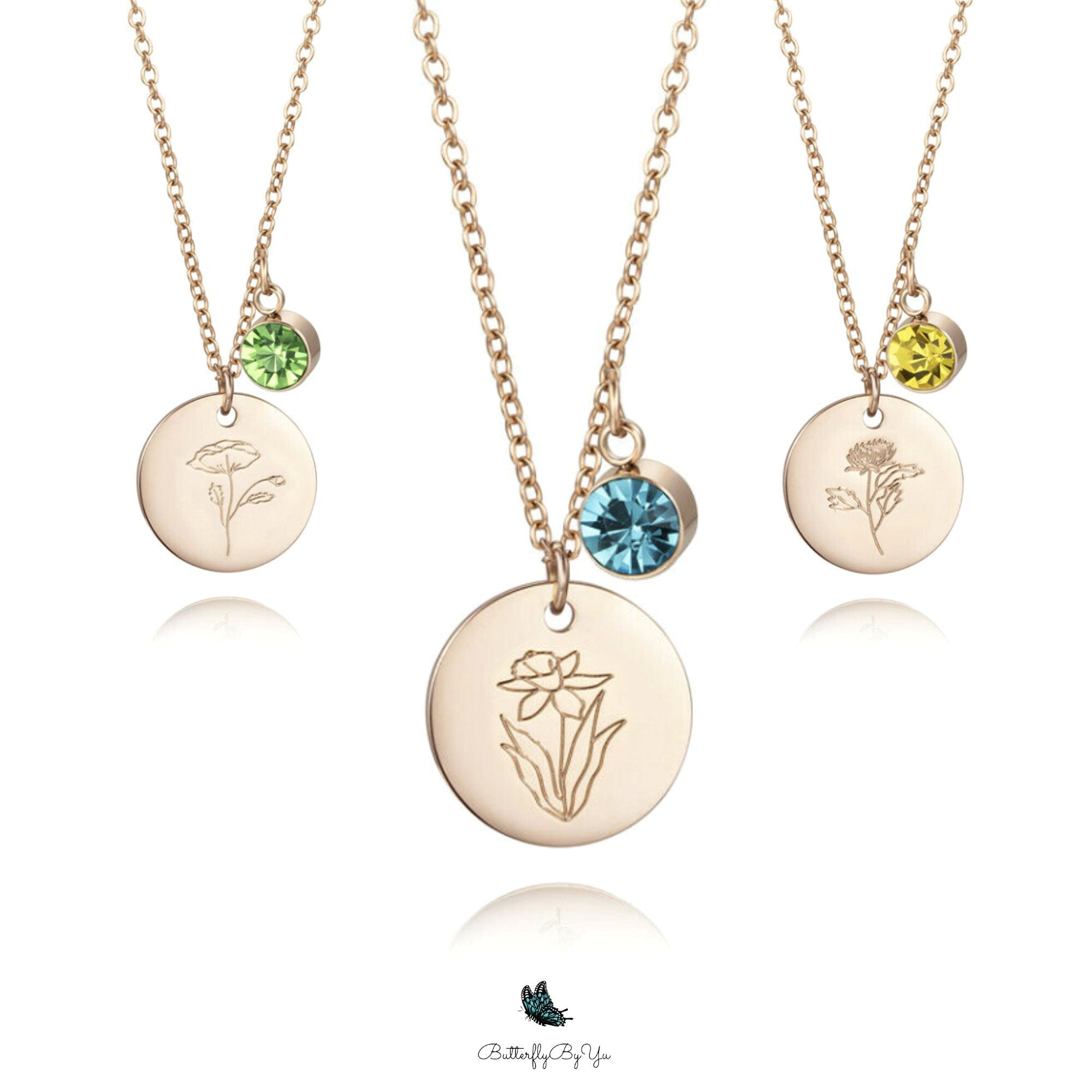 Flower Necklace Engraved Floral Birthstone Necklace Birth Dainty Flower Jewelry Memorial Remembrance Personalized Gifts for Her Christmas