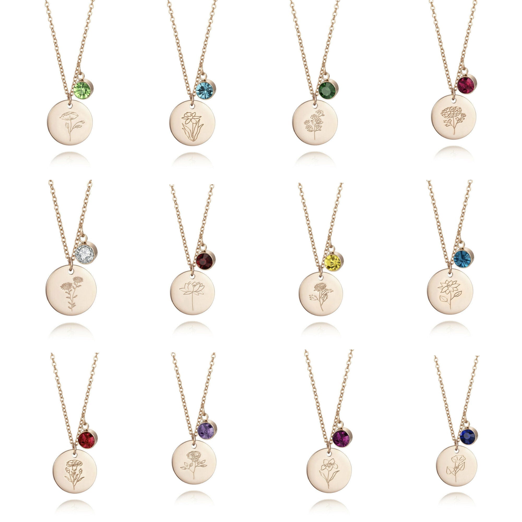 Flower Necklace Engraved Floral Birthstone Necklace Birth Dainty Flower Jewelry Memorial Remembrance Personalized Gifts for Her Mothers Day