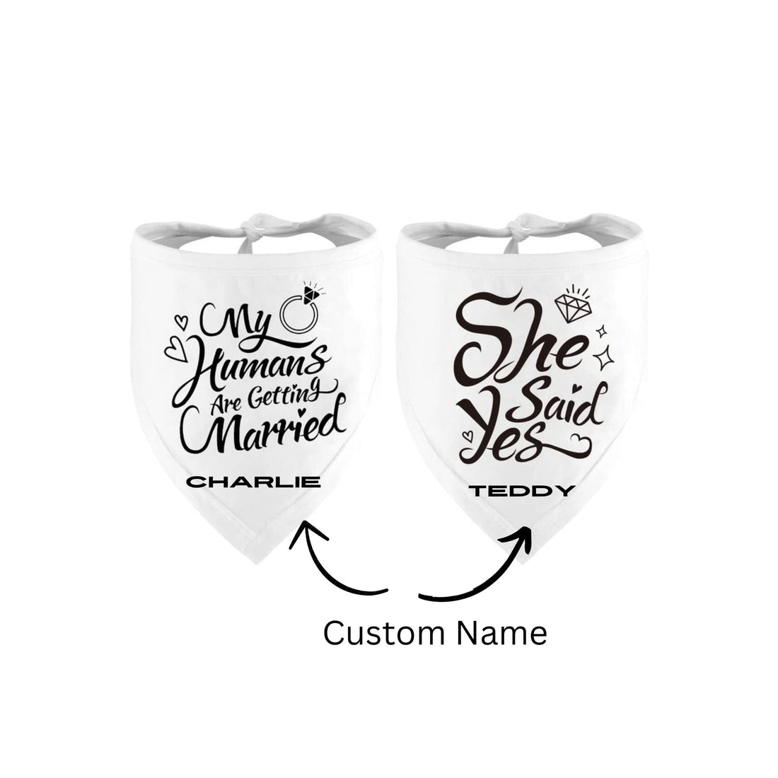 Wedding bandana pair showing pet name personalization examples