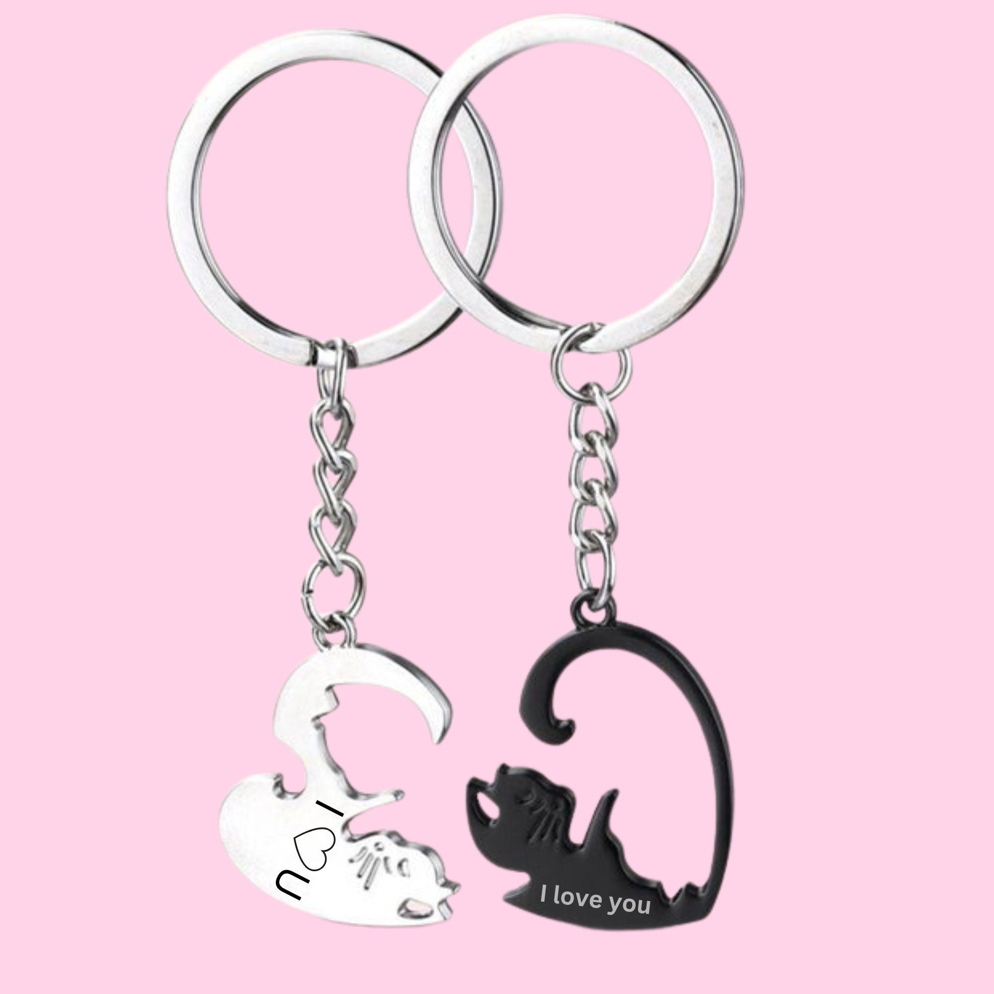 Personalized Keychain Couple Engraved, Cute Cat Keychain Set , Puzzle Cat Pendant Keychain, Gift for Boyfriend, Valentine&