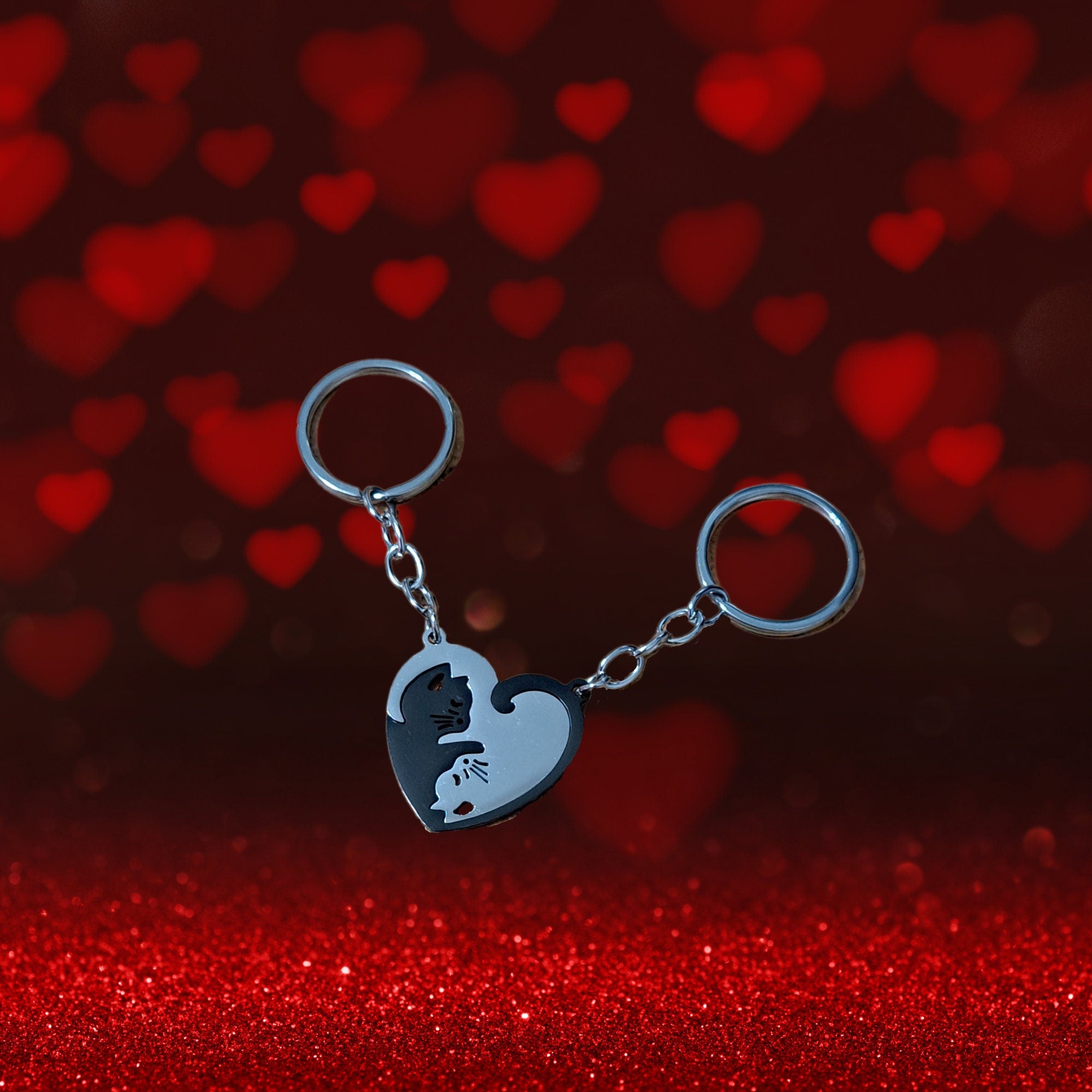Personalized Keychain Couple Engraved, Cute Cat Keychain Set , Puzzle Cat Pendant Keychain, Gift for Boyfriend, Valentine&