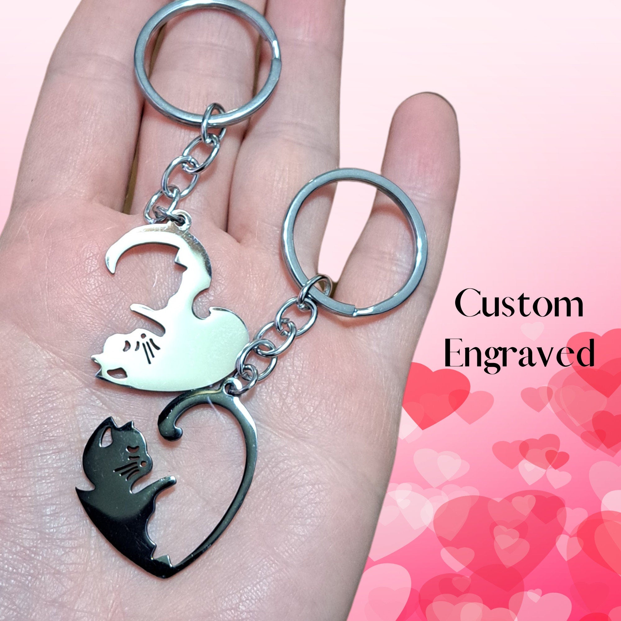 Personalized Keychain Couple Engraved, Cute Cat Keychain Set , Puzzle Cat Pendant Keychain, Gift for Boyfriend, Valentine&