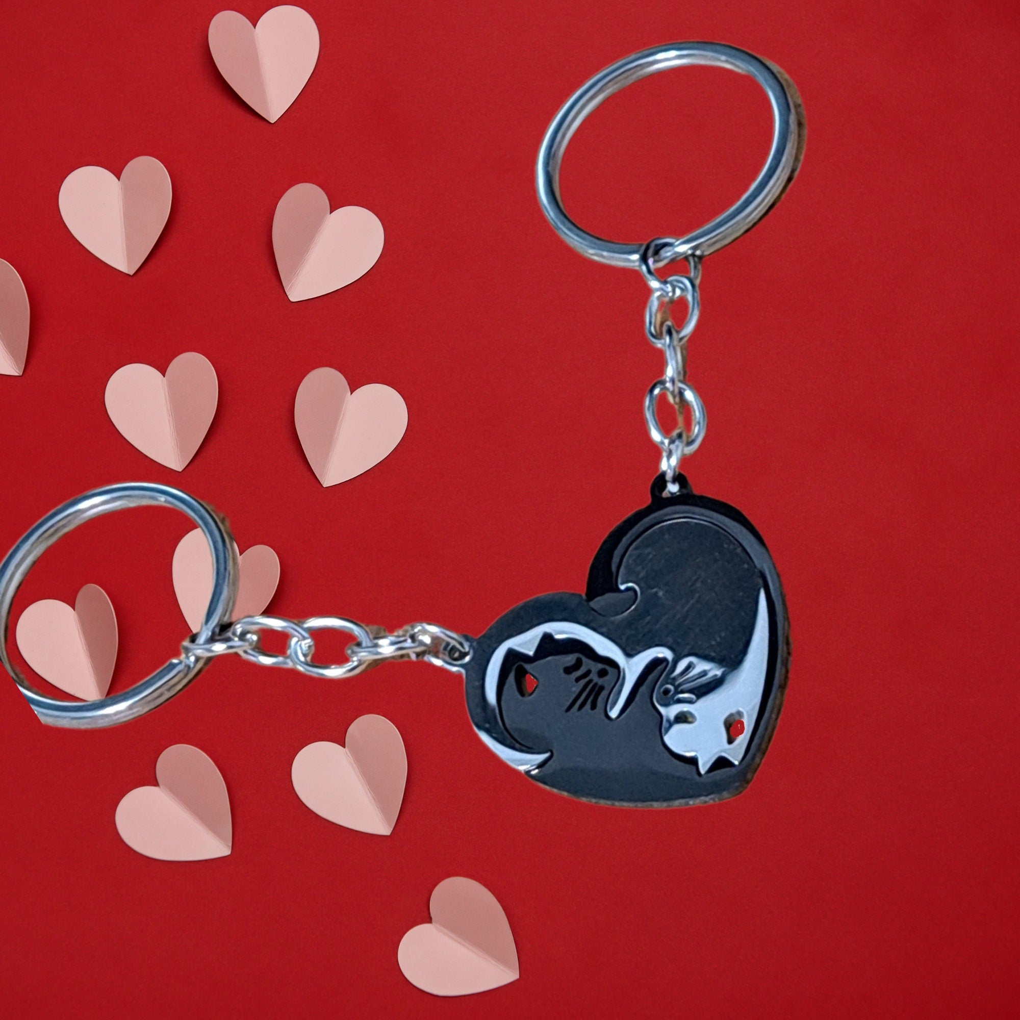 Personalized Keychain Couple Engraved, Cute Cat Keychain Set , Puzzle Cat Pendant Keychain, Gift for Boyfriend, Valentine&