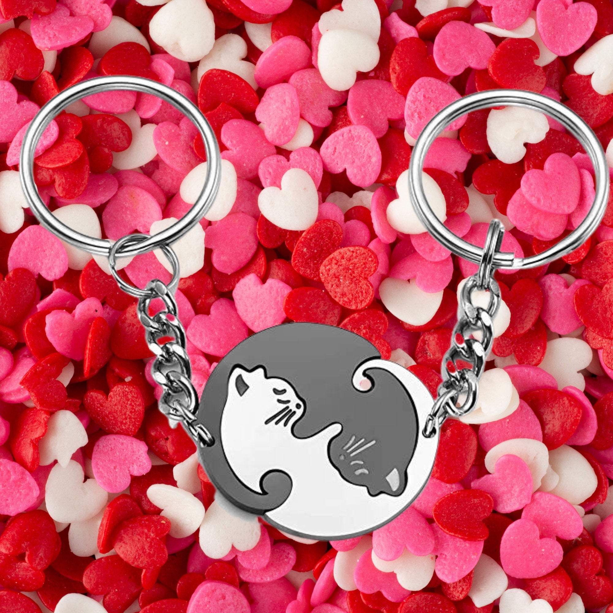 Personalized Keychain Couple Engraved, Cute Cat Keychain Set , Puzzle Cat Pendant Keychain, Gift for Boyfriend, Valentine&
