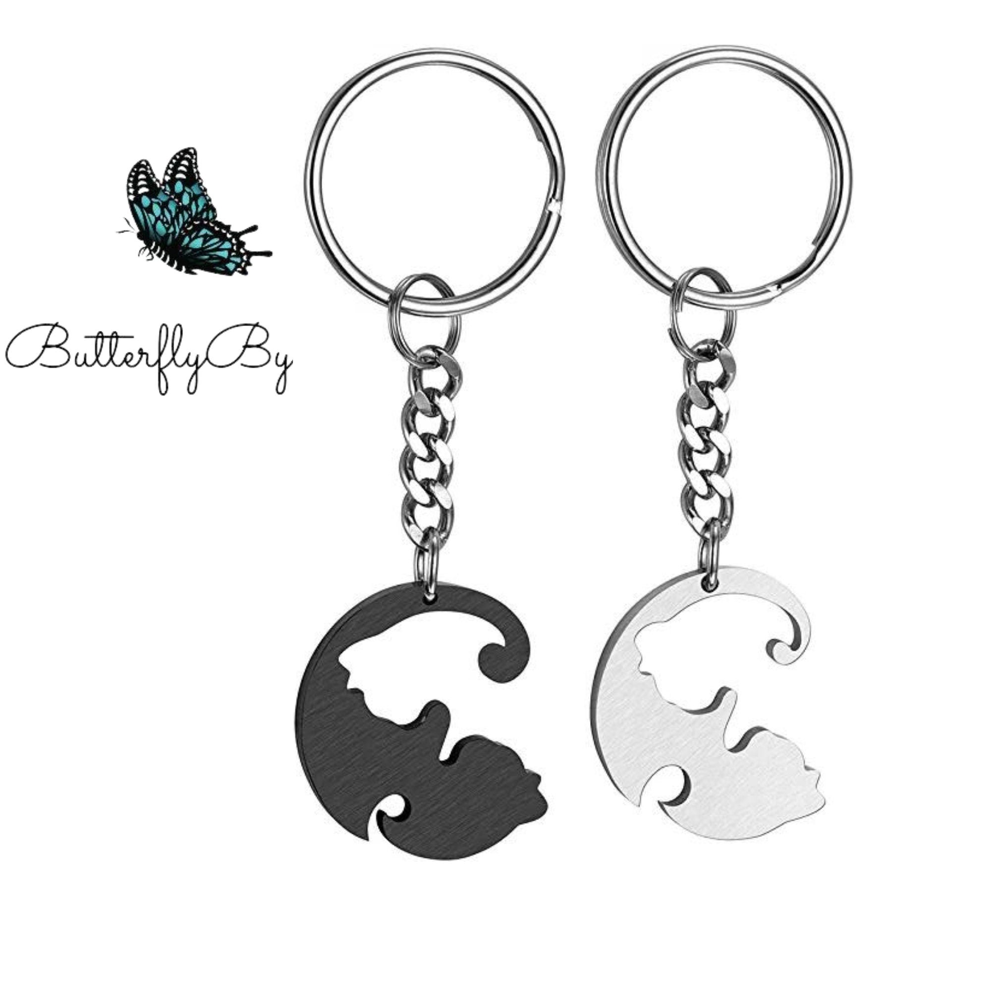 Personalized Keychain Couple Engraved, Cute Cat Keychain Set , Puzzle Cat Pendant Keychain, Gift for Boyfriend, Valentine&