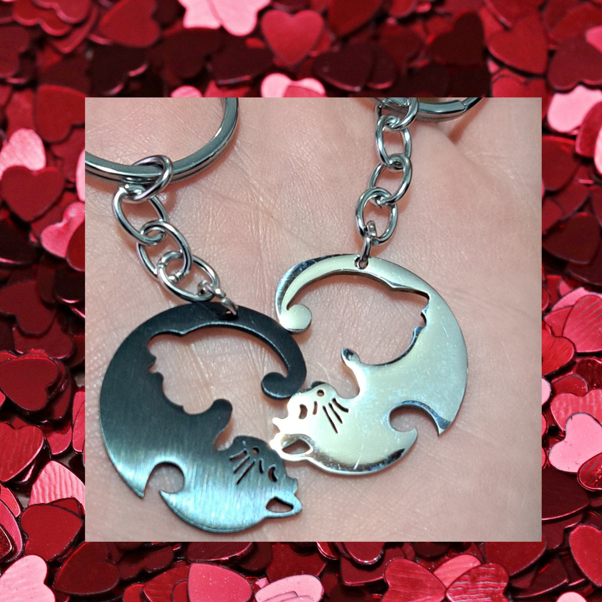Personalized Keychain Couple Engraved, Cute Cat Keychain Set , Puzzle Cat Pendant Keychain, Gift for Boyfriend, Valentine&