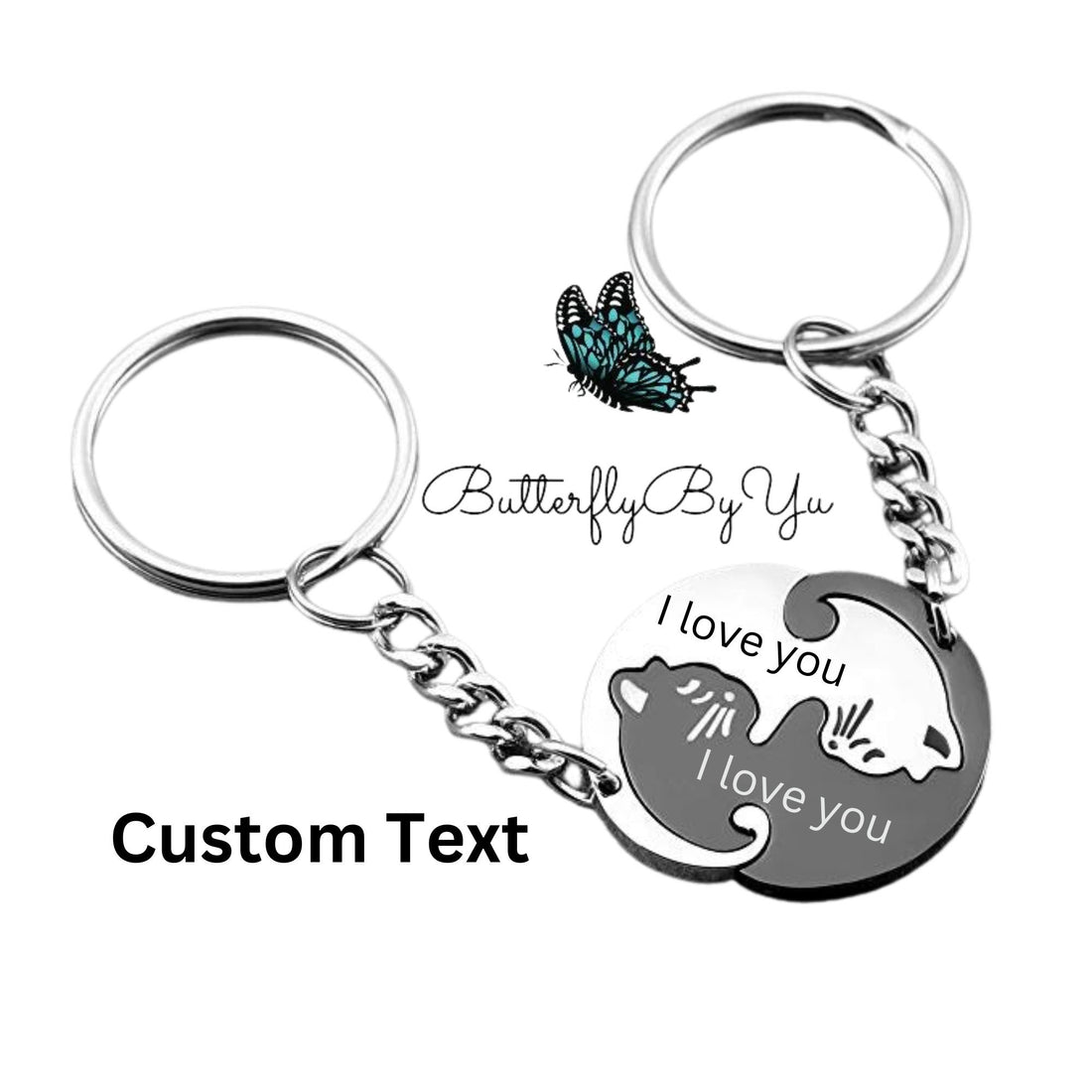 Personalized Keychain Couple Engraved, Cute Cat Keychain Set , Puzzle Cat Pendant Keychain, Gift for Boyfriend, Valentine&