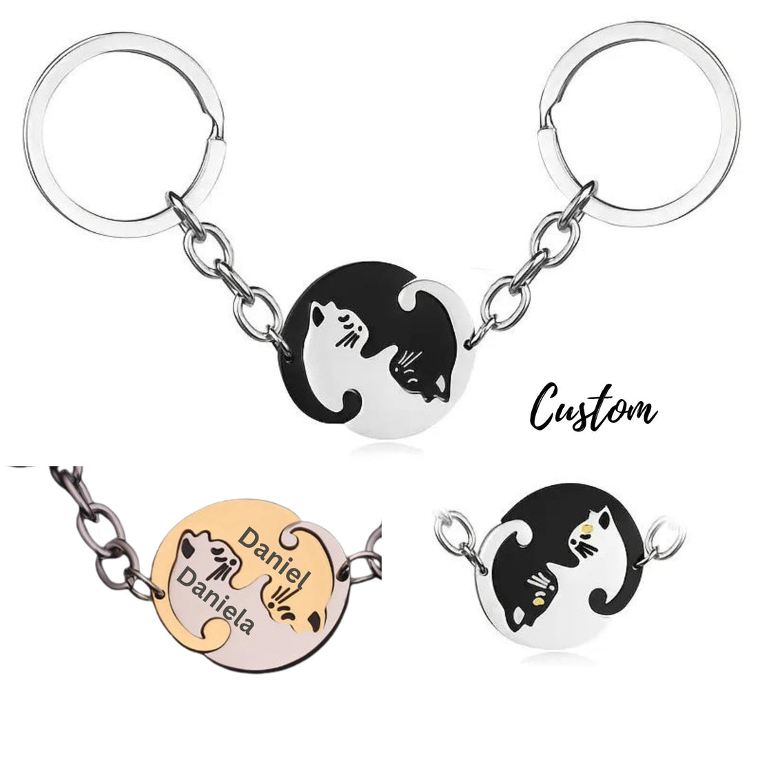 Couples Keychain Gift, Personalized Keychain, Couple Engraved, Cute Cat Keychain Set , Puzzle Cat Pendant Keychain, Mother&