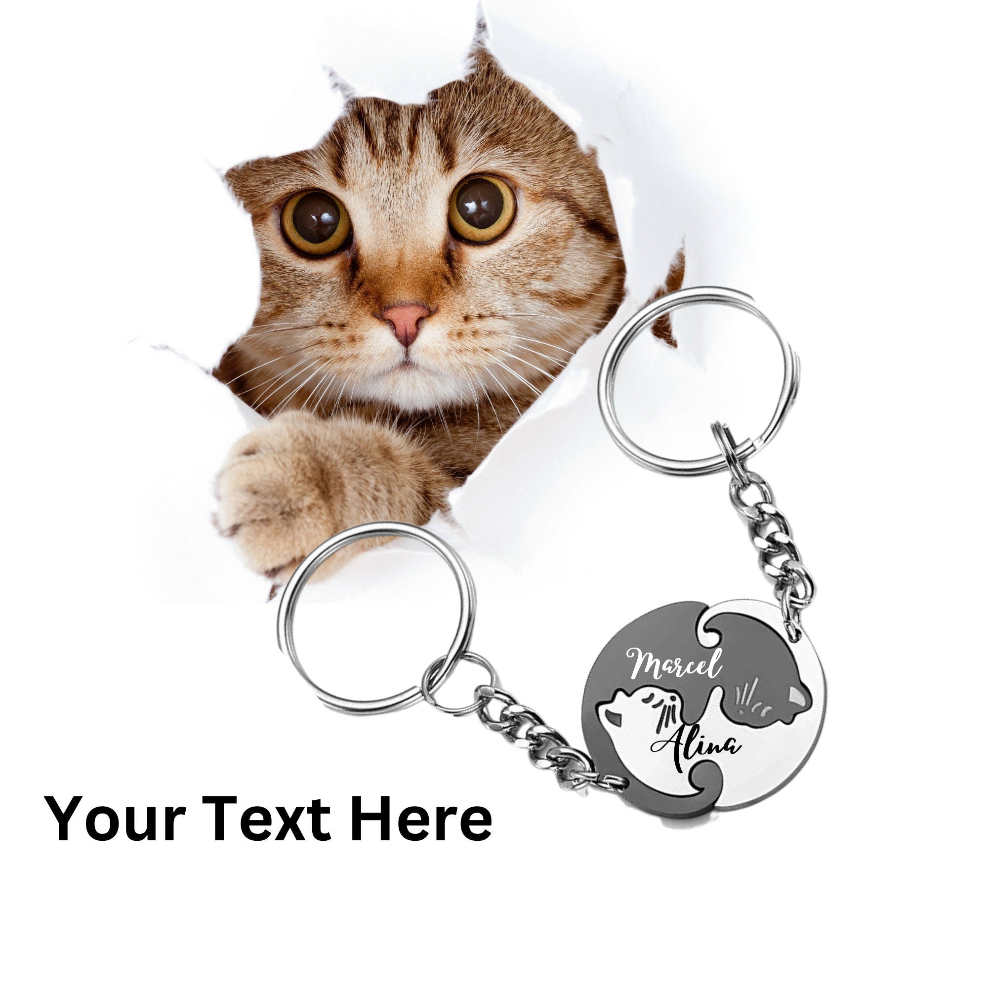 Couples Keychain Gift, Personalized Keychain, Couple Engraved, Cute Cat Keychain Set , Puzzle Cat Pendant Keychain, Mother&