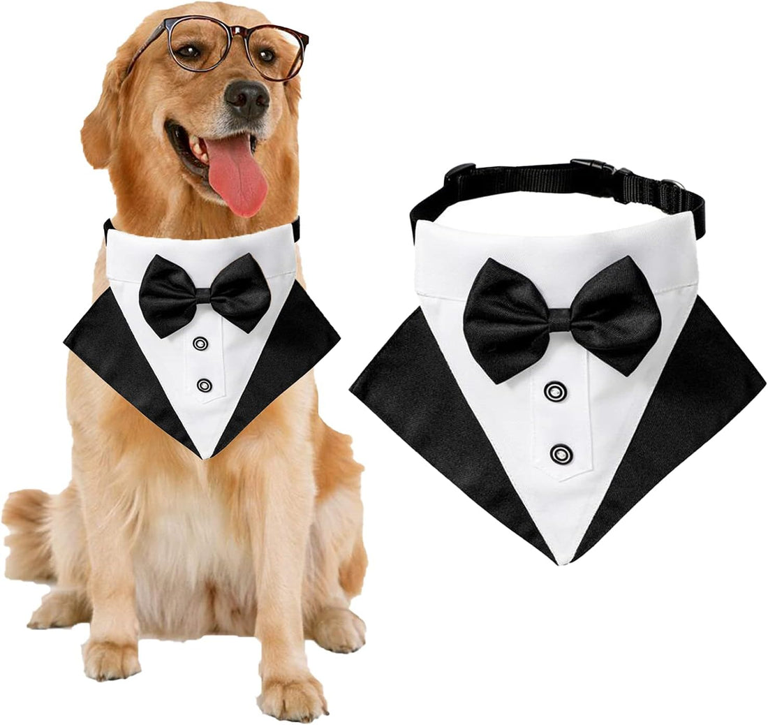 Formal Dog Tuxedo Bandana Collar with Bow Tie, Black, S