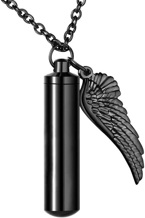 Cylinder Cremation Urn Necklace for Ashes Memorial Keepsake Pendant with Angel Wing Stainless Steel Remembrance Jewelry
