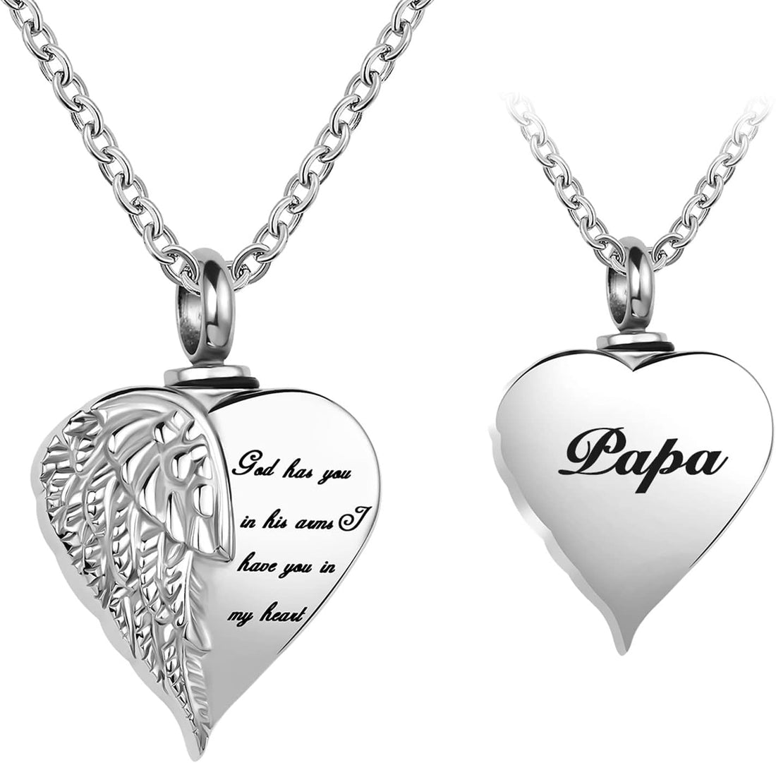 Angel Wing Heart Cremation Urn Necklace for Human Ashes Keepsake Memroial Jewelry God Has You in His Arms I Have You in My Heart