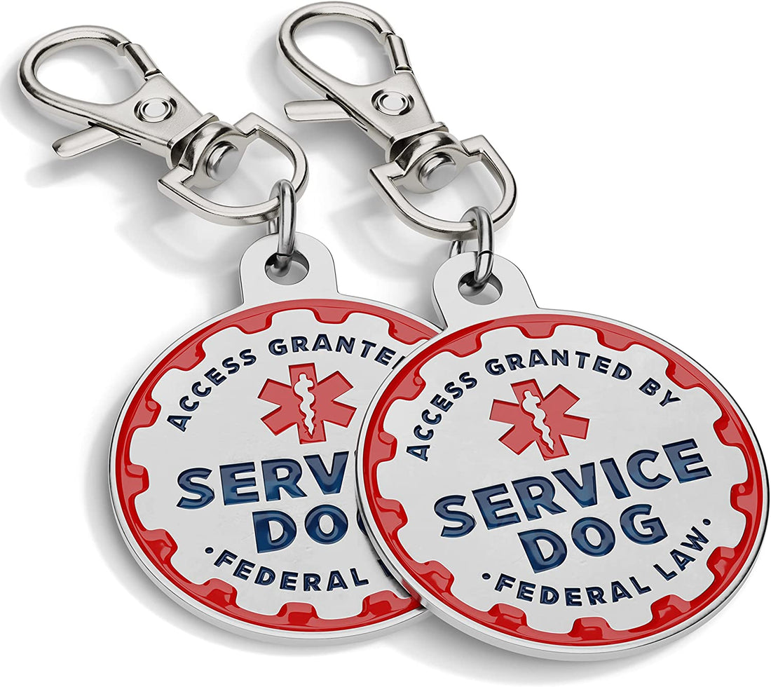 Service Dog Tag, 2 Pack: Metal Pet ID Tags for Service Animals, Emotional Support Dogs and Therapy Dogs, 1.25 Inch Diameter, Double Sided, Navy Lettering and Red Enamel Trim