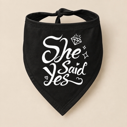 Black dog bandana with black She Said Yes lettering, diamond and heart details on a beige background