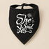 Black dog bandana with black She Said Yes lettering, diamond and heart details on a beige background