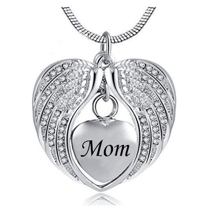 Angel Wing Dad mom Urn Necklace for Ashes, Heart Cremation Memorial Keepsake Pendant Necklace Jewelry with Fill Kit