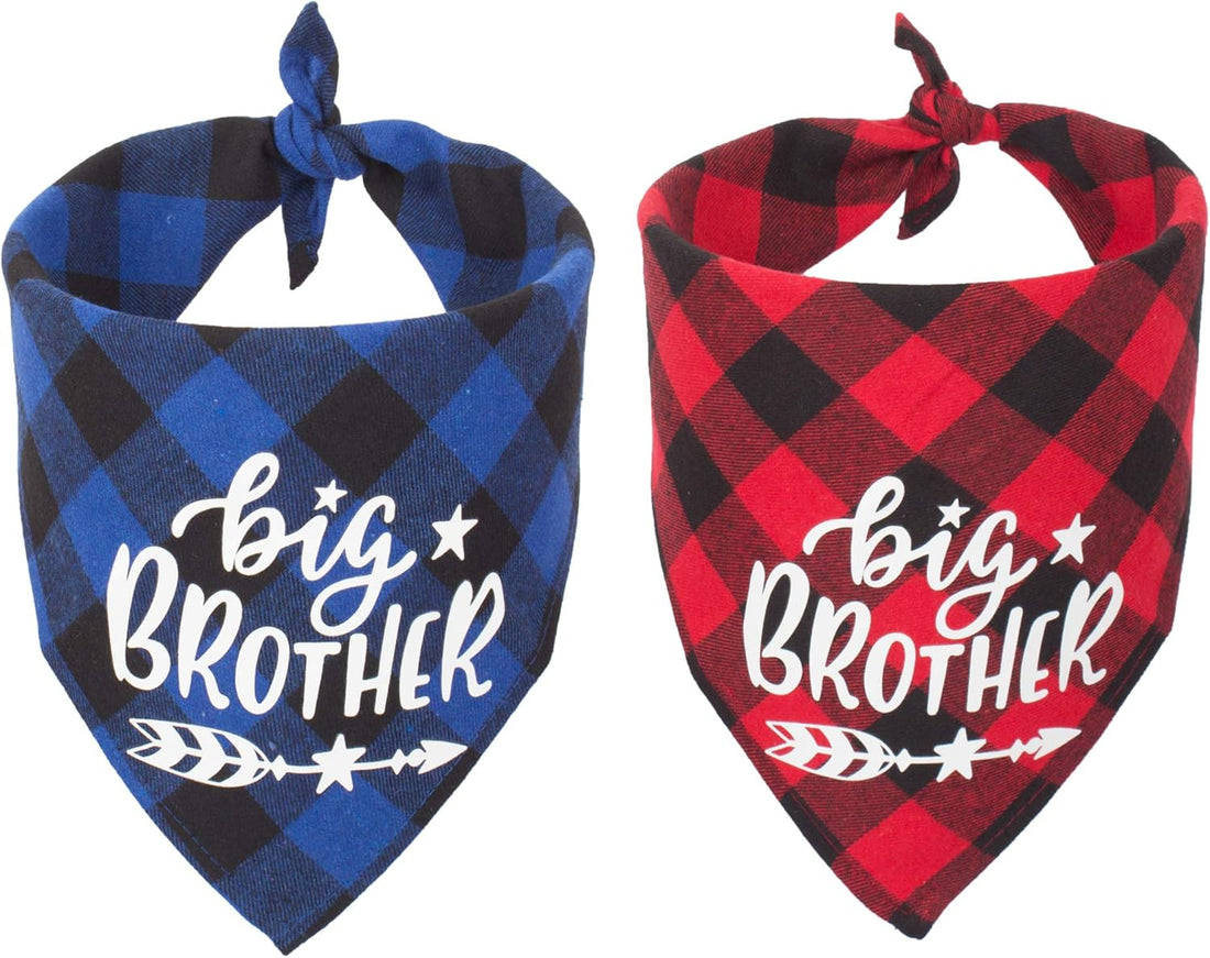 2 Pack Big Sister Brother Dog Bandana Buffalo Plaid Triangle Dog Scarf Pregnancy Announcement Bandana for Small Medium Large Dogs Pets (Big Brother)