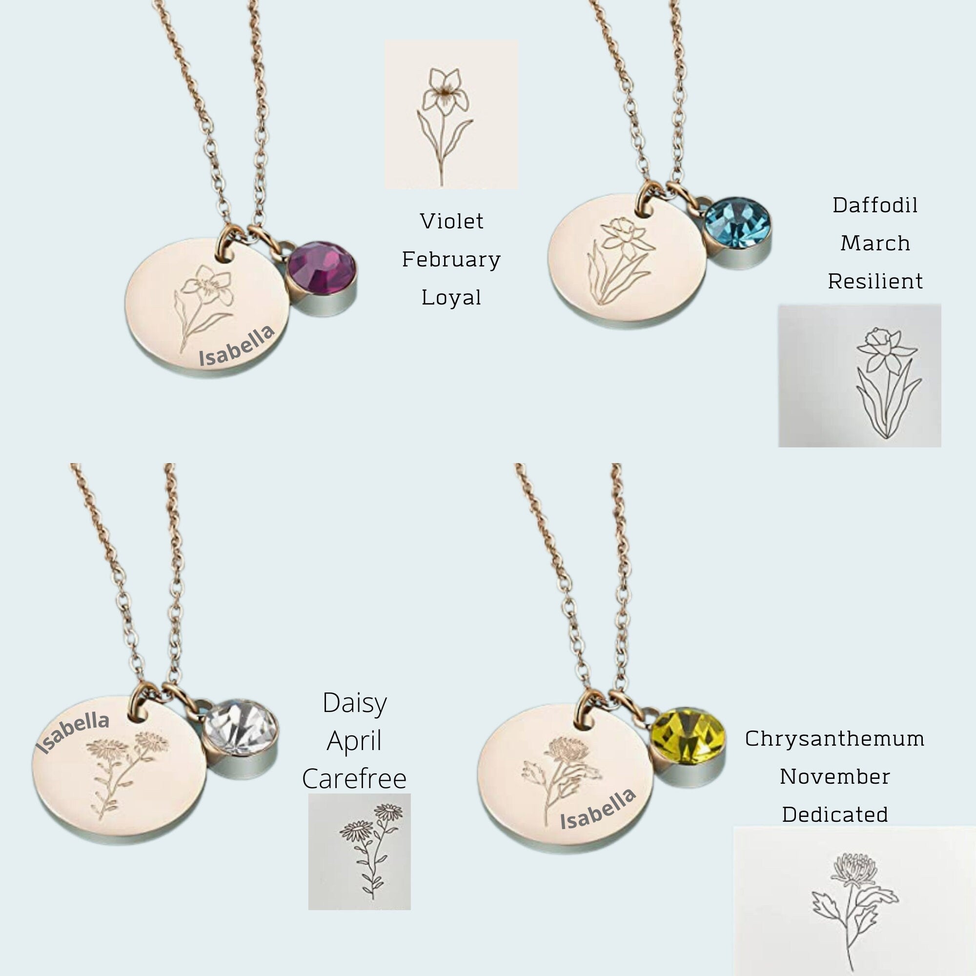 Birth Flower Necklace/ Engraved Floral Dainty Necklace/ Gifts For Mom