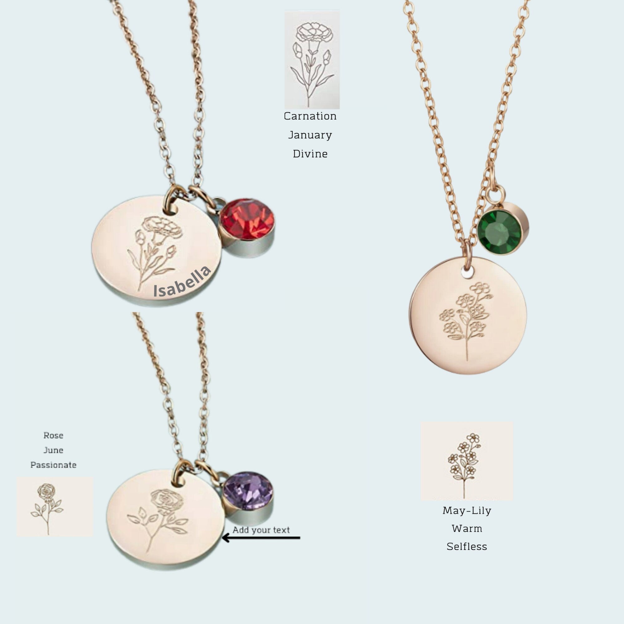 Birth Flower Necklace Engraved Floral Dainty Necklaces