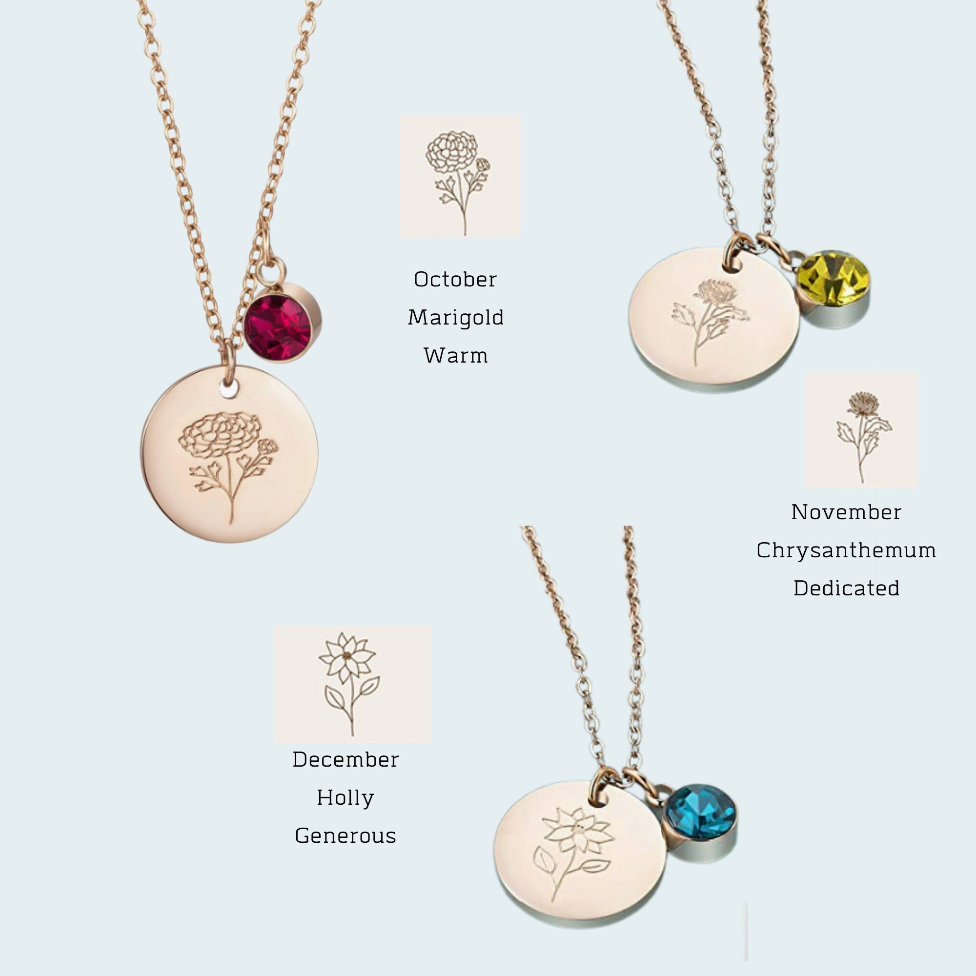 Birth Flower Necklace Engraved Floral Dainty Necklaces