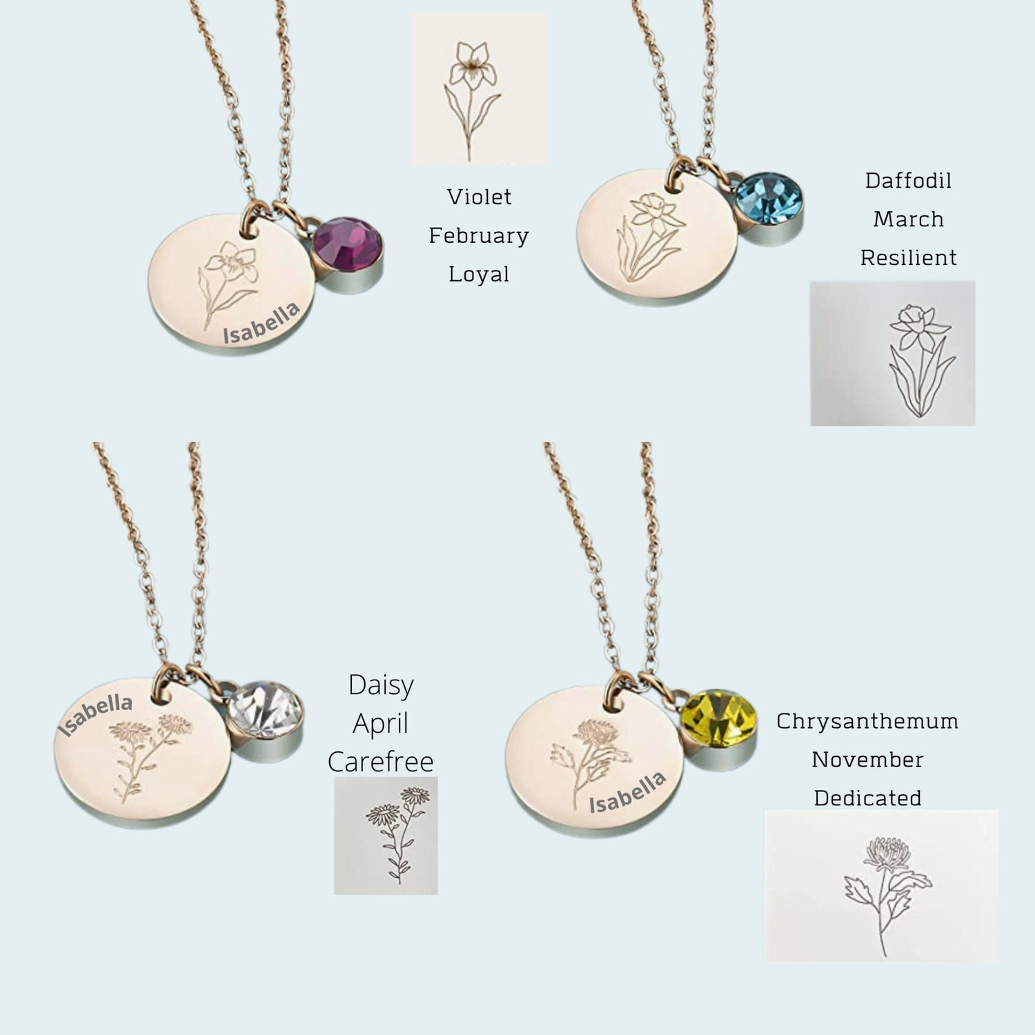 Birth Flower Necklace Engraved Floral Dainty Necklaces