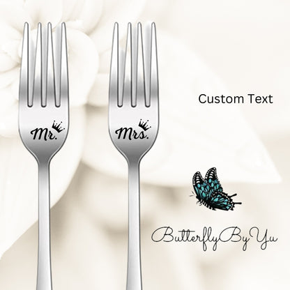 Custom Wedding Day Forks - Engraved - Name Date - Mr. Mrs. - His Hers - Bride Groom - I Do Me Too - Mine Yours - Husband Wife