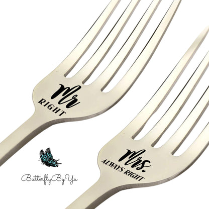 Custom Wedding Day Forks - Engraved - Name Date - Mr. Mrs. - His Hers - Bride Groom - I Do Me Too - Mine Yours - Husband Wife