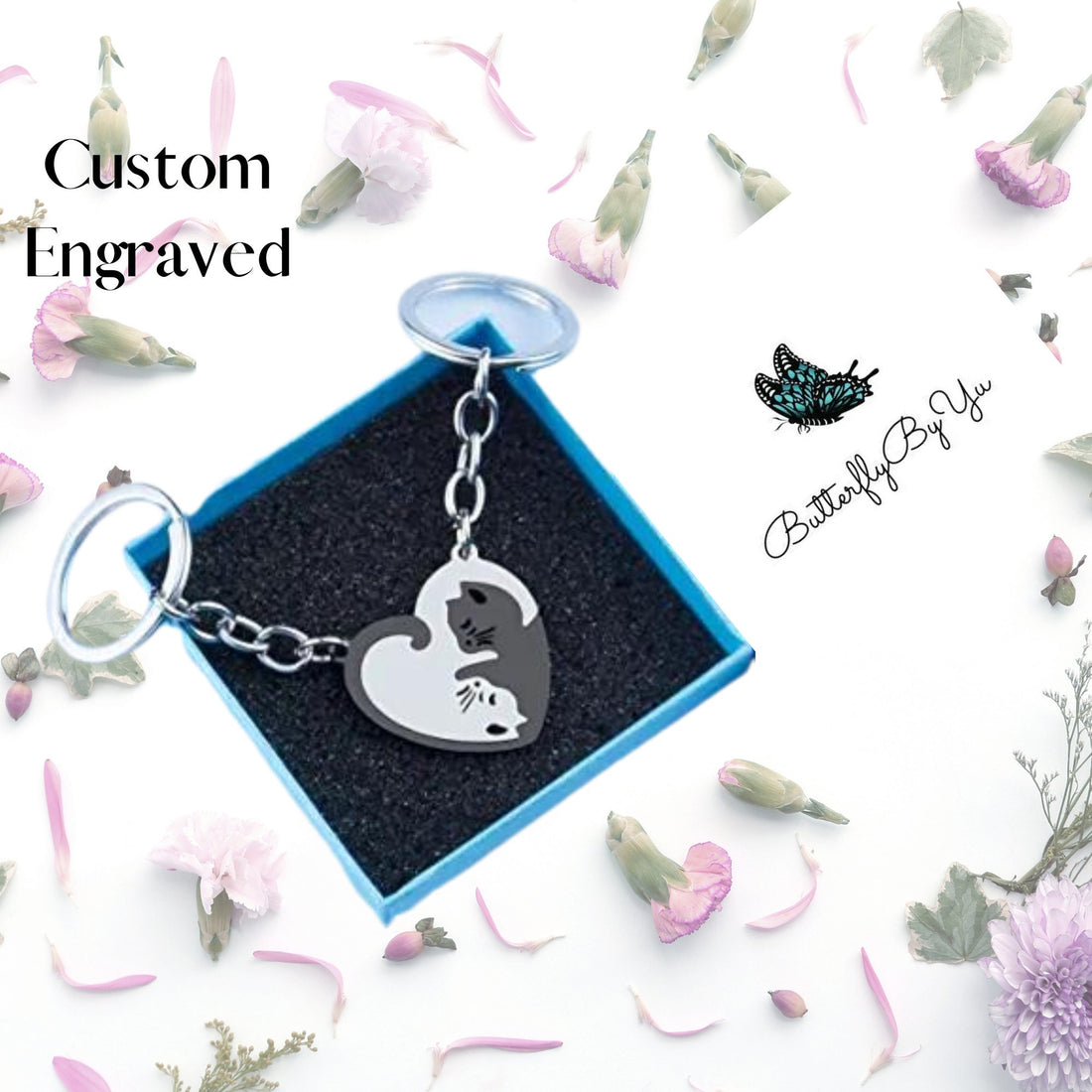 Personalized Keychain Couple Engraved, Cute Cat Keychain Set , Puzzle Cat Pendant Keychain, Gift for Boyfriend, Valentine&