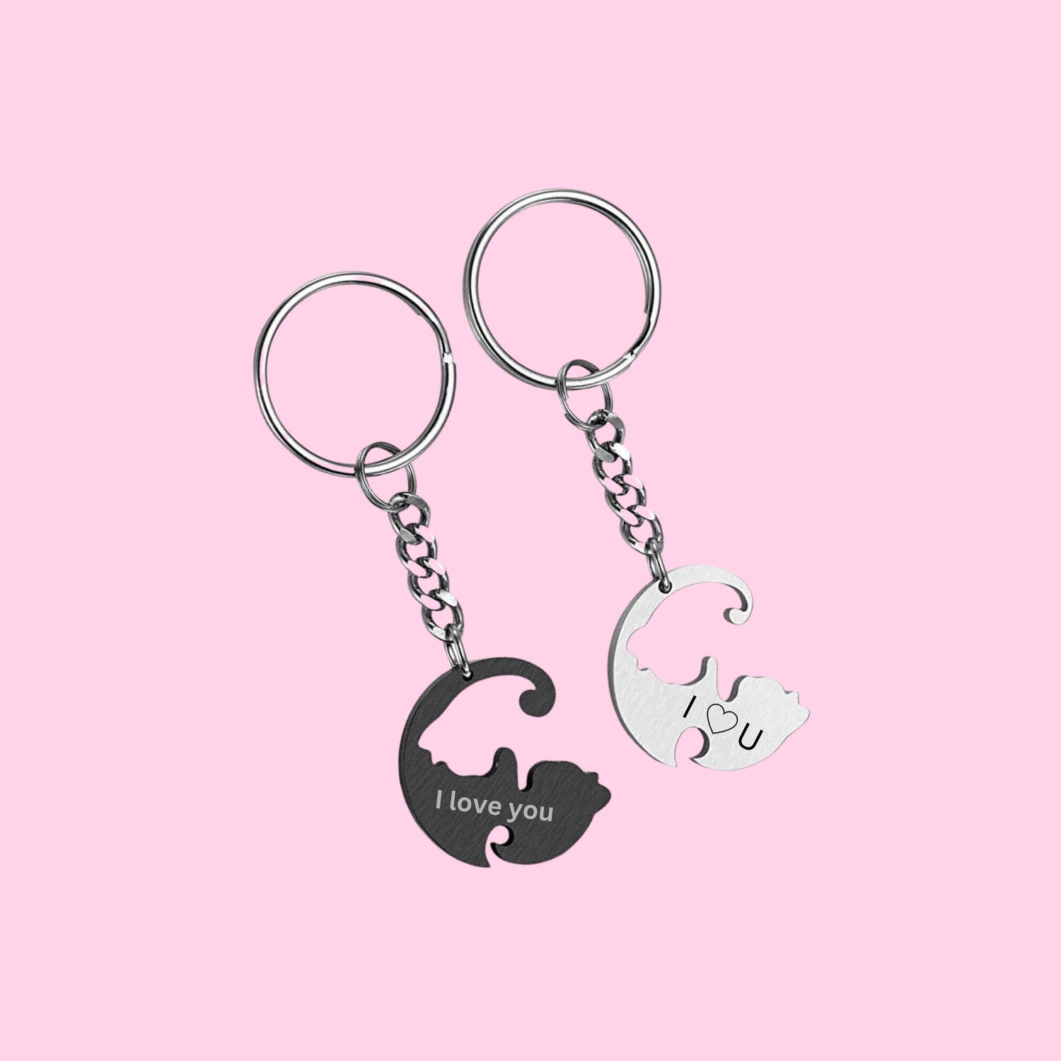 Personalized Cat Keychain, Couple Engraved, Cute Puzzle Cat Pendant Set, Valentine&