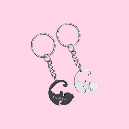 Personalized Cat Keychain, Couple Engraved, Cute Puzzle Cat Pendant Set, Valentine&