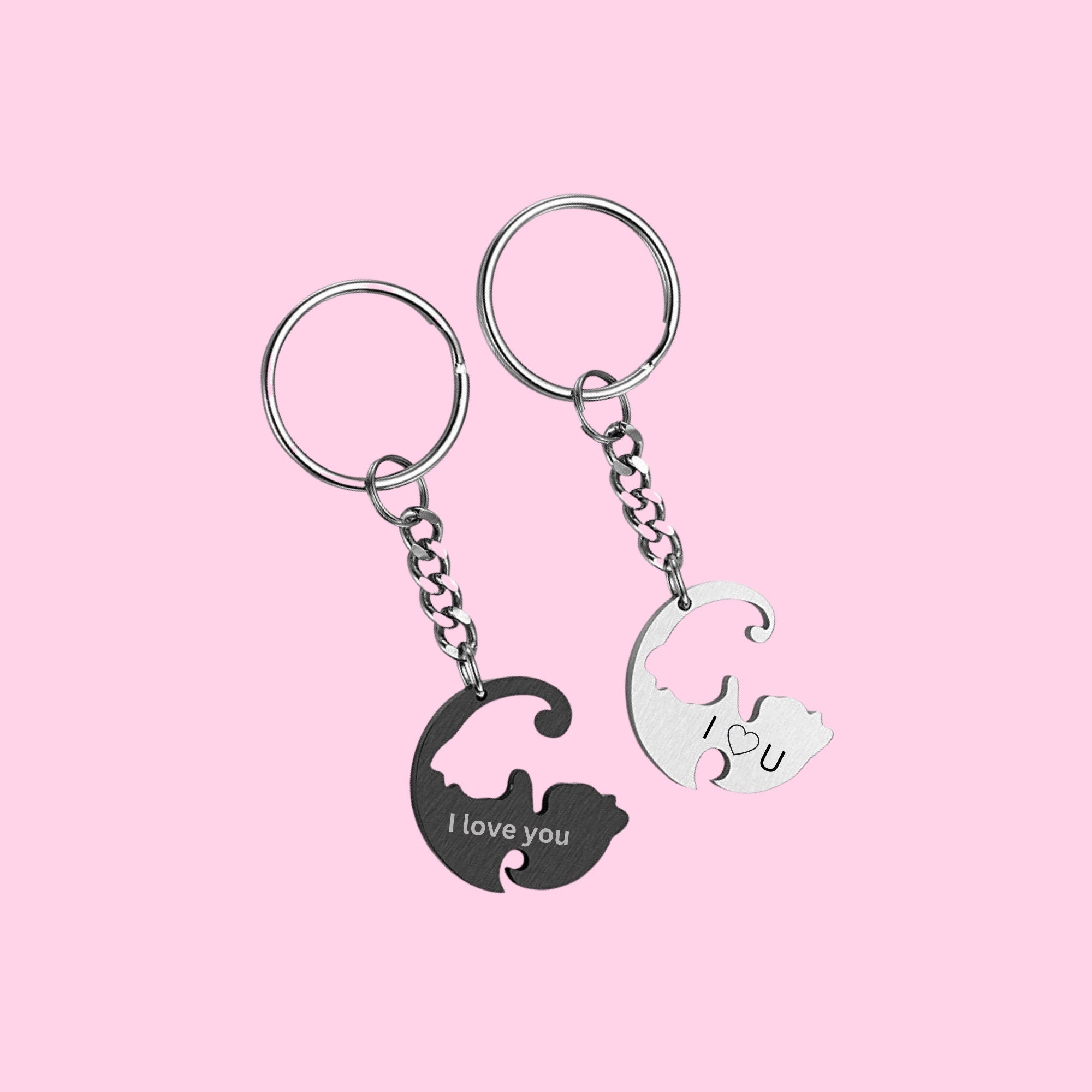 Personalized Keychain Couple Engraved, Cute Puzzle Cat Pendant Set, Valentine&