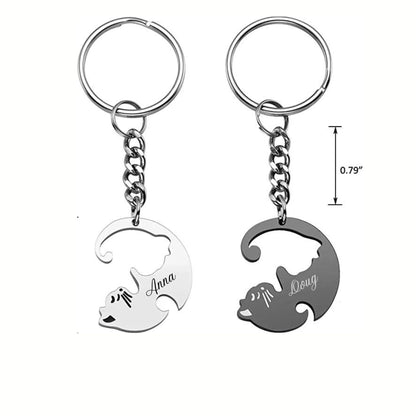 Personalized Keychain Couple Engraved, Cute Puzzle Cat Pendant Set, Valentine&