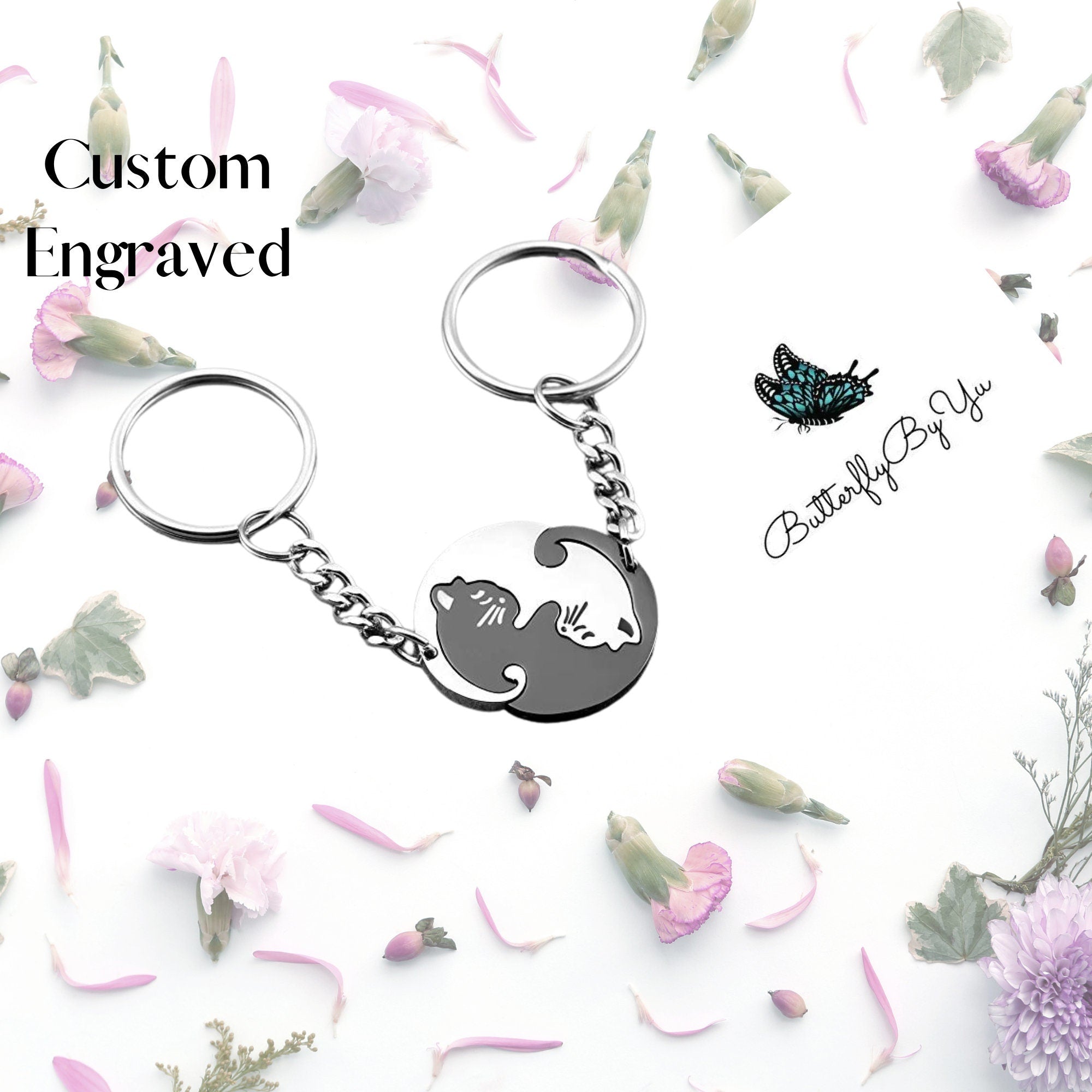 Personalized Keychain Couple Engraved, Cute Puzzle Cat Pendant Set, Valentine&